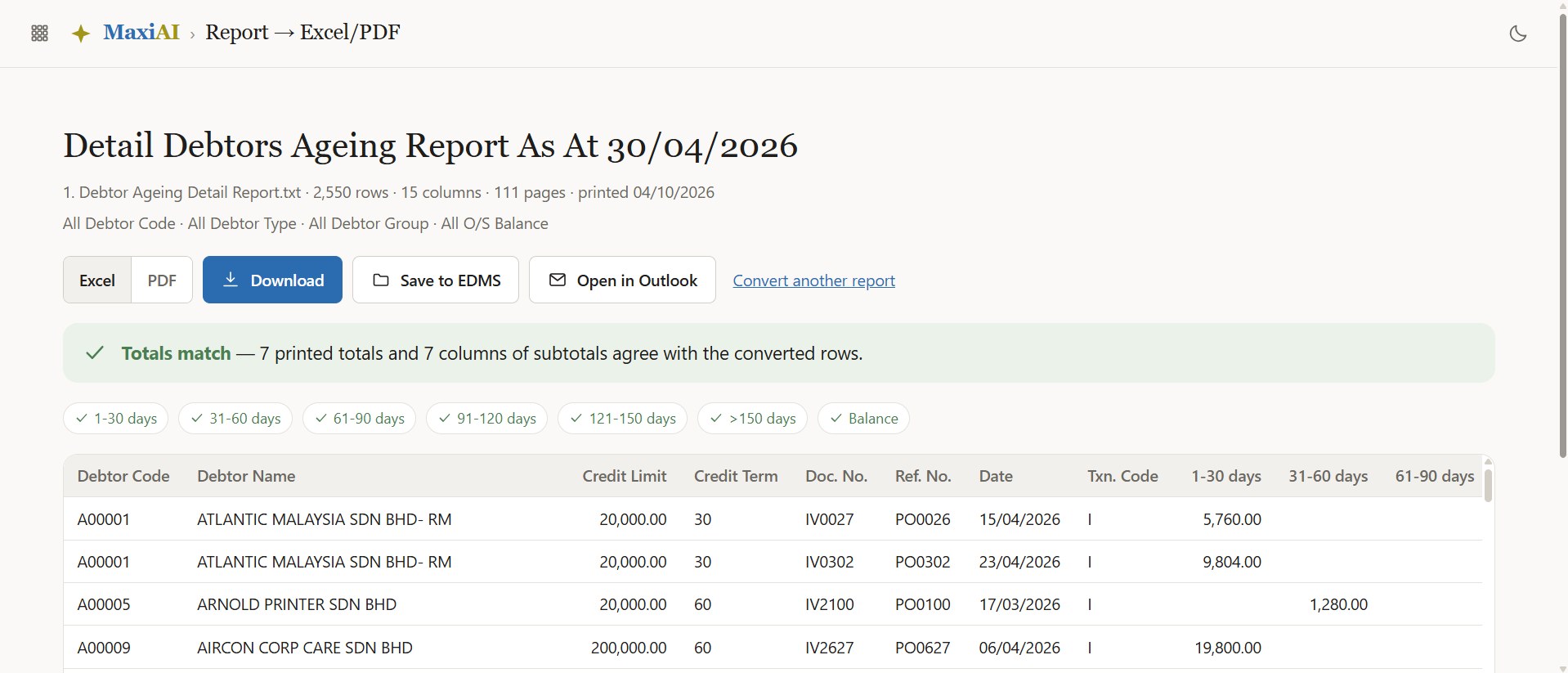 MaxiAI — Report to Excel/PDF